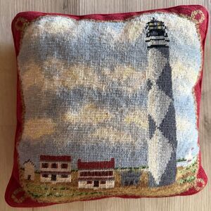 Lighthouse Needlepoint Cross-stitch Pillow 12' x 12"Coastal Nautical Wool Velvet